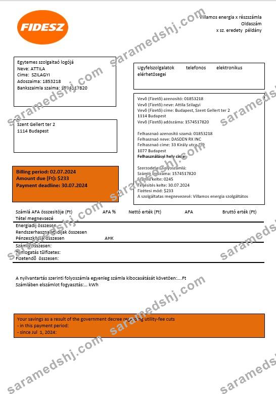 Hungary FIDESZ easy to fill business utility bill template in Word and PDF formats
